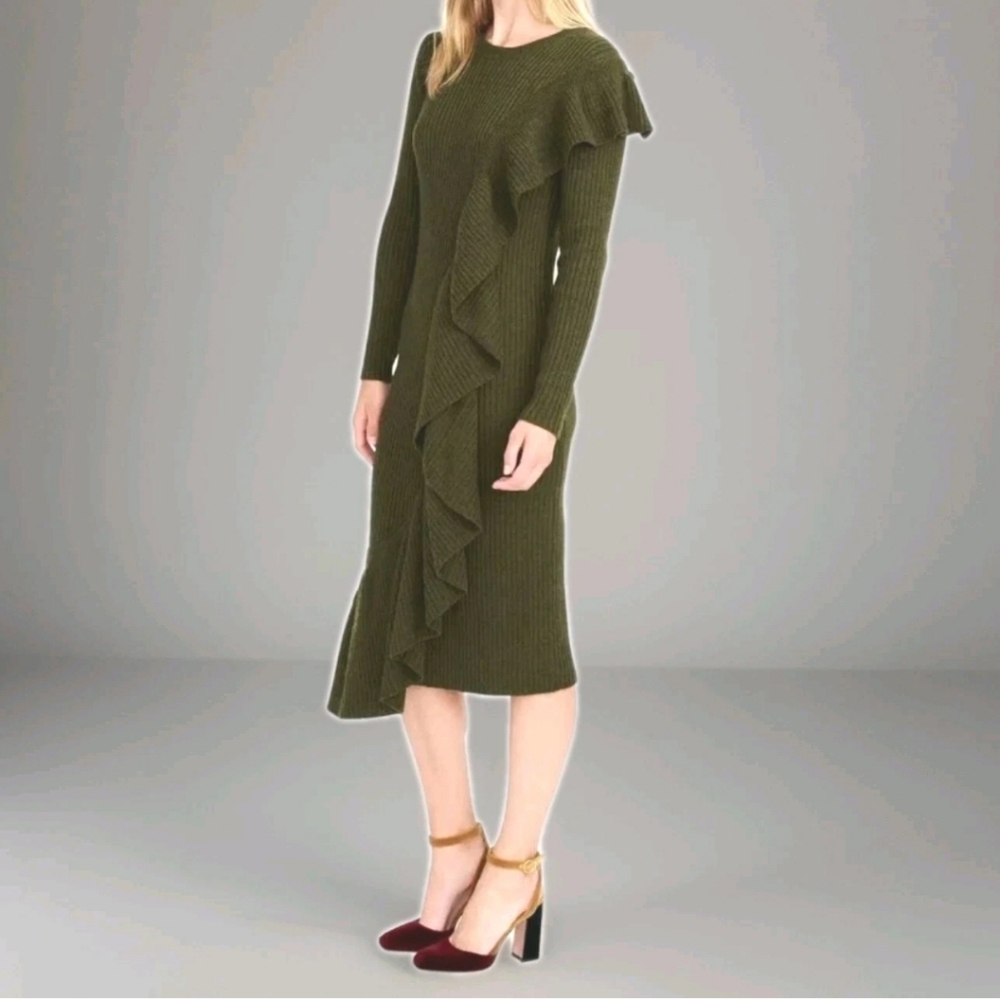 J Crew Collection Ruffle Front Sweater Dress XL Green Merino Wool Knit Midi Nwt